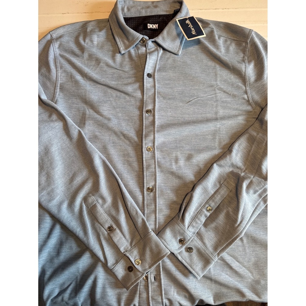 DKNY Button Down Shirt Mens Large Light Blue New Long Sleeve Heathered Knit